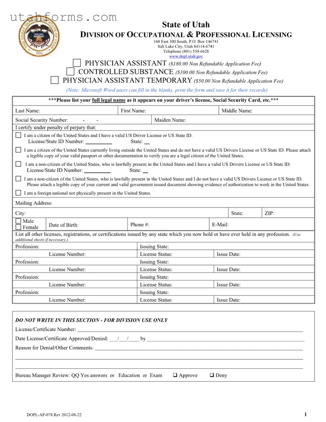 Fill Out Your Dopl Ap 078 Utah Form