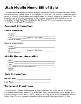 Free  Mobile Home Bill of Sale Form for Utah