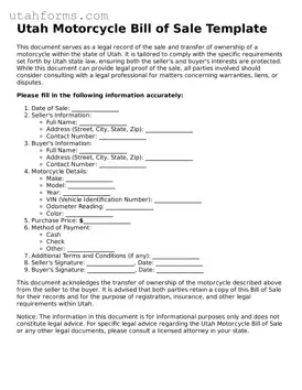 Free  Motorcycle Bill of Sale Form for Utah