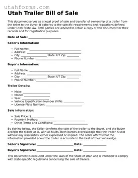 Free  Trailer Bill of Sale Form for Utah