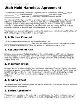 Free  Hold Harmless Agreement Form for Utah