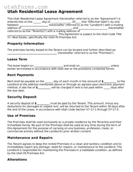 Free  Residential Lease Agreement Form for Utah