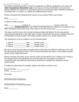Free  Homeschool Letter of Intent Form for Utah
