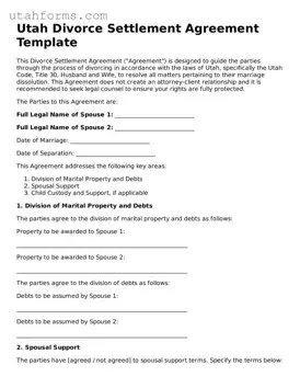 Free  Divorce Settlement Agreement Form for Utah