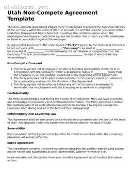 Free  Non-compete Agreement Form for Utah