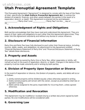 Free  Prenuptial Agreement Form for Utah
