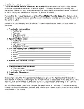 Free  Motor Vehicle Power of Attorney Form for Utah