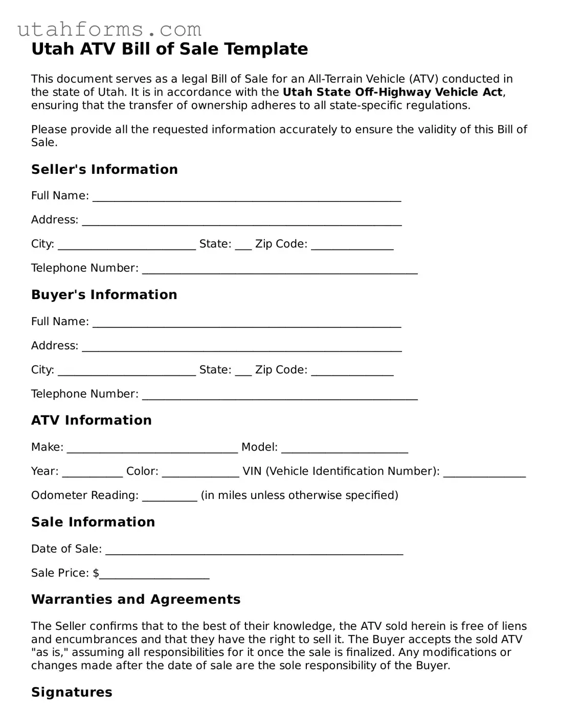 Free  ATV Bill of Sale Form for Utah