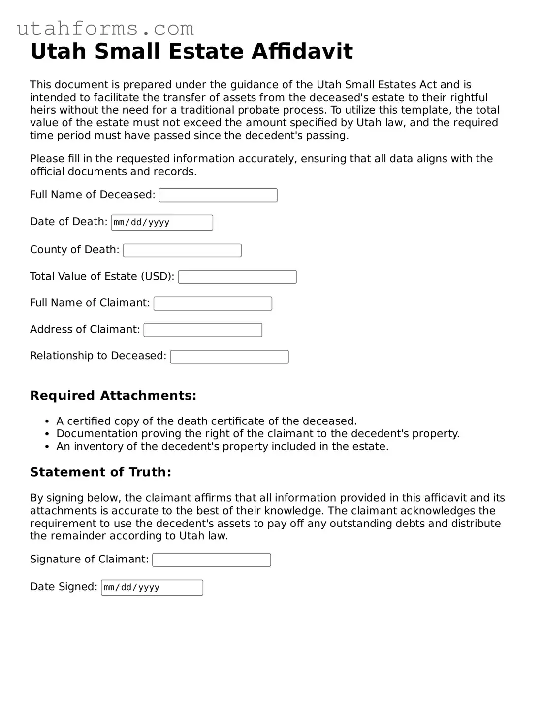 Free  Small Estate Affidavit Form for Utah