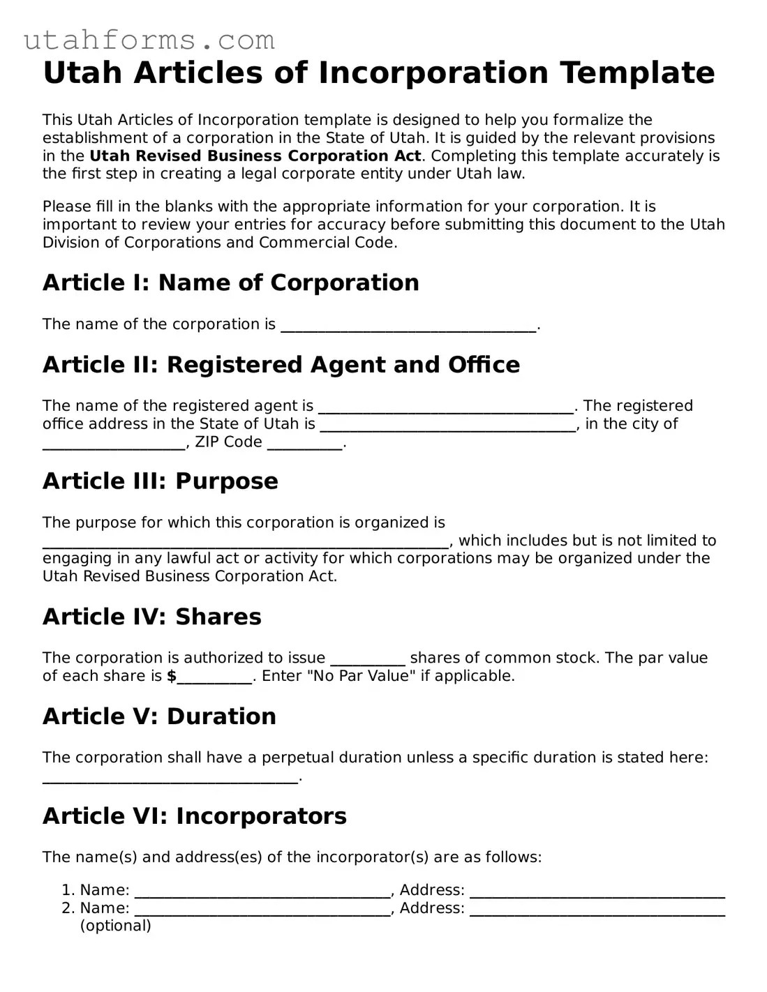 Free  Articles of Incorporation Form for Utah