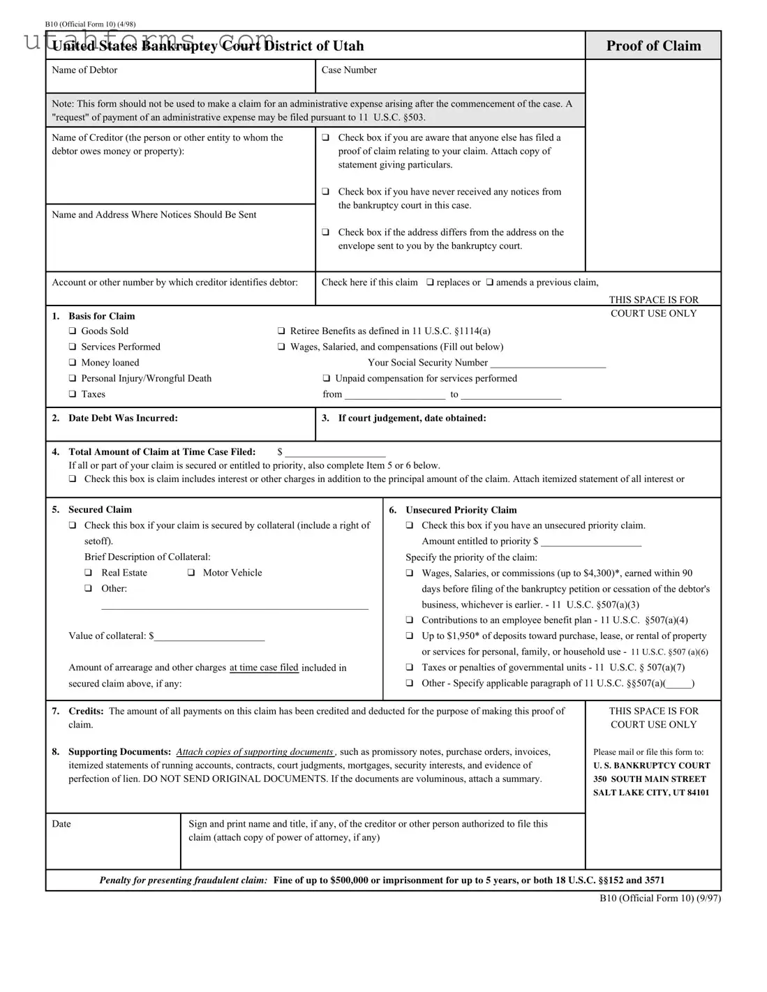 Fill Out Your Utah B10 Form
