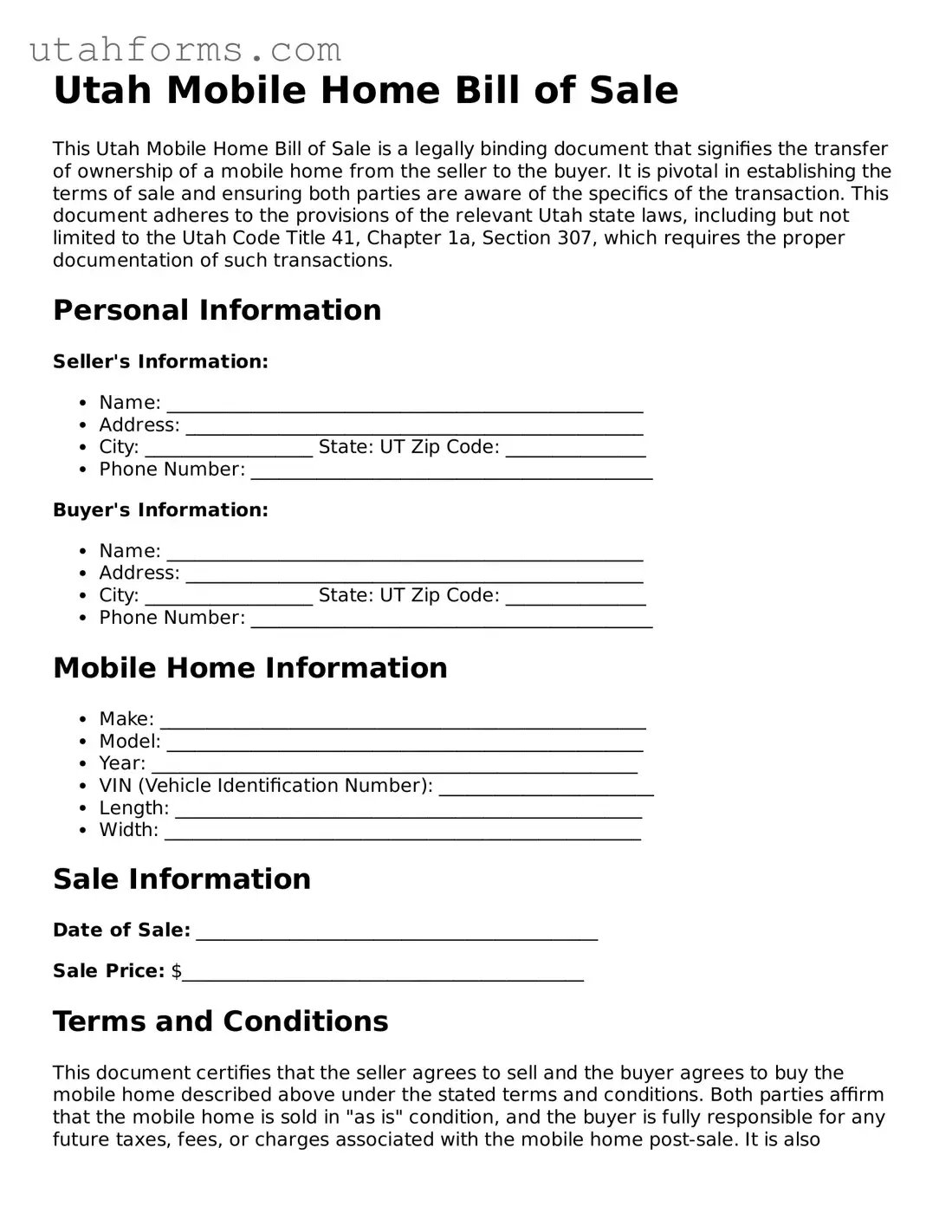 Free  Mobile Home Bill of Sale Form for Utah