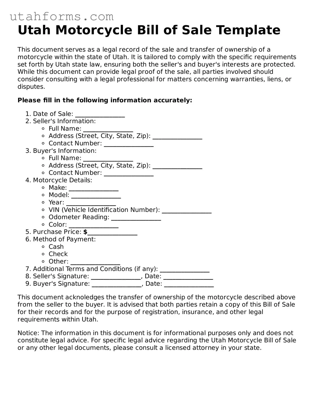 Free  Motorcycle Bill of Sale Form for Utah