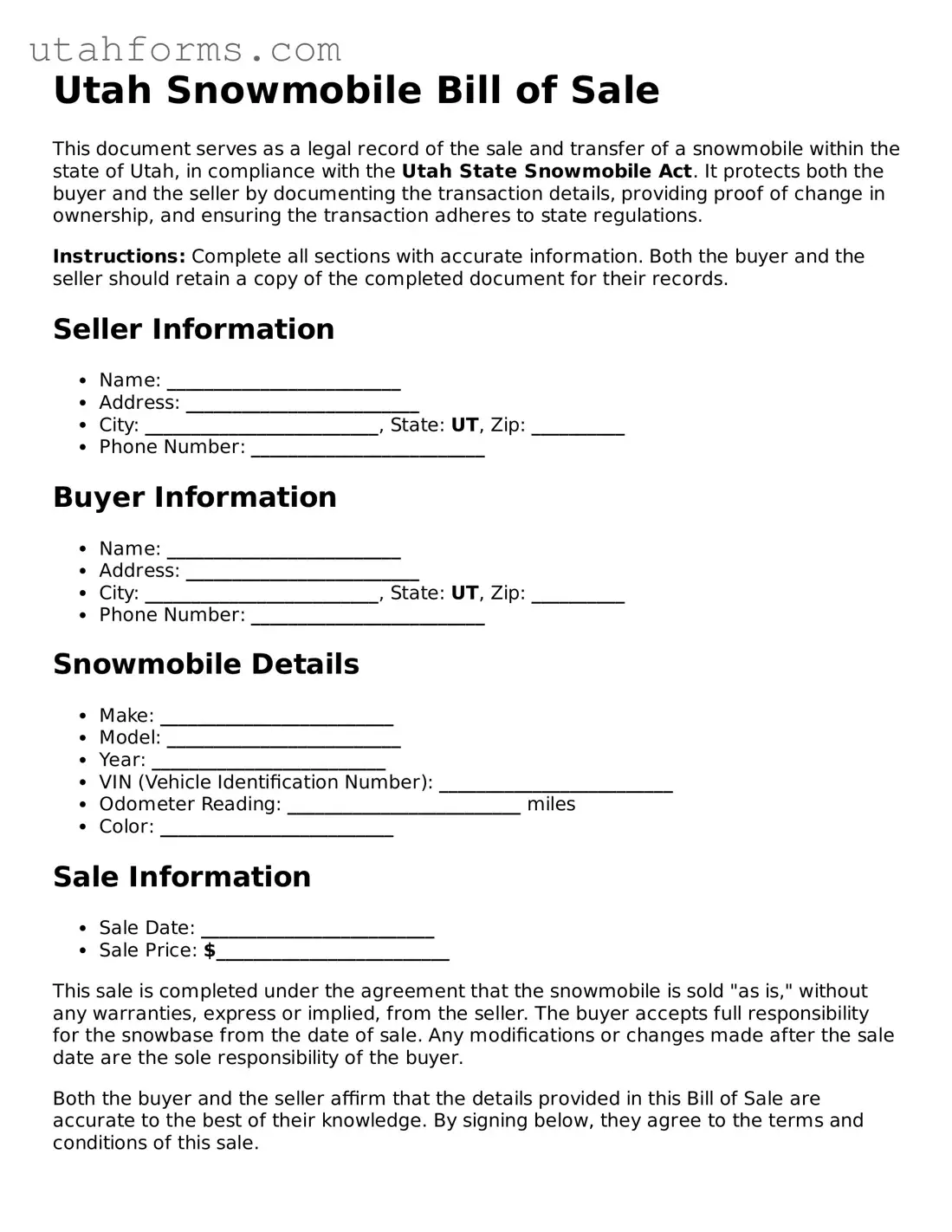 Free  Snowmobile Bill of Sale Form for Utah