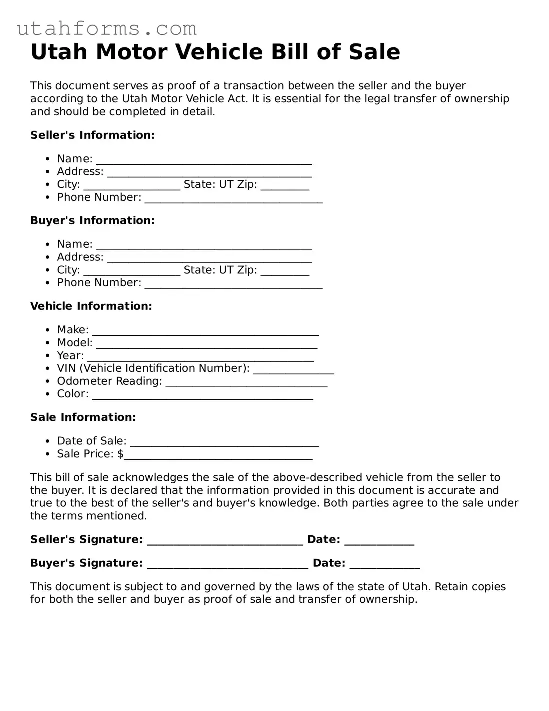 Free  Motor Vehicle Bill of Sale Form for Utah
