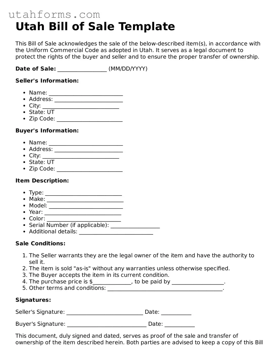 Free  Bill of Sale Form for Utah
