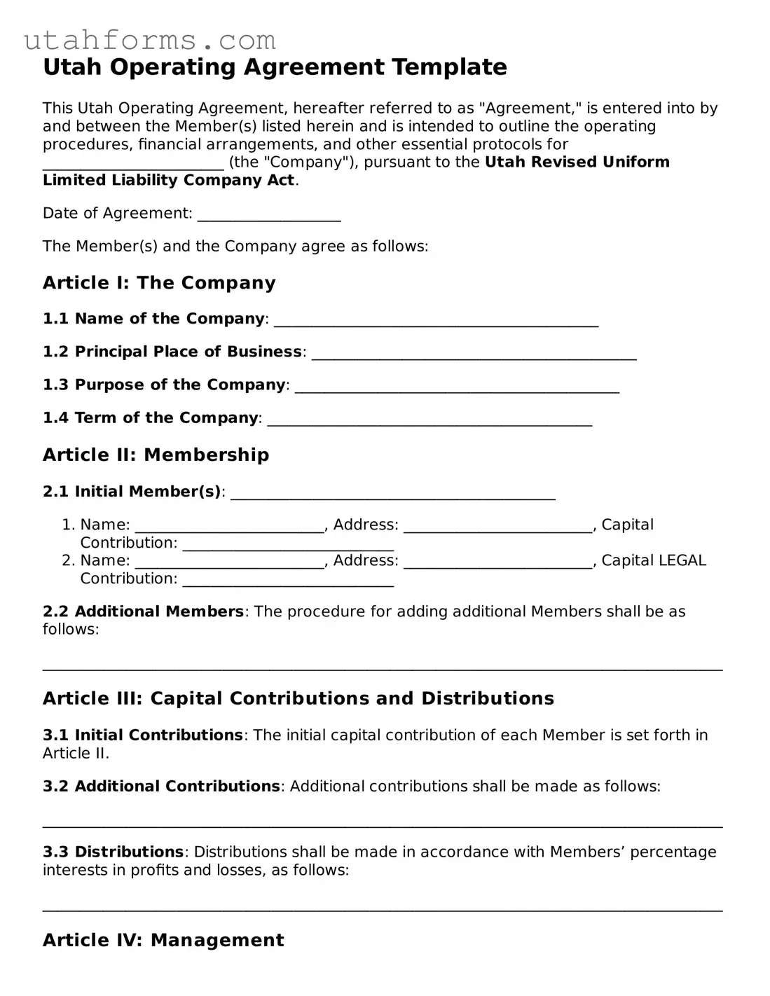 Free  Operating Agreement Form for Utah