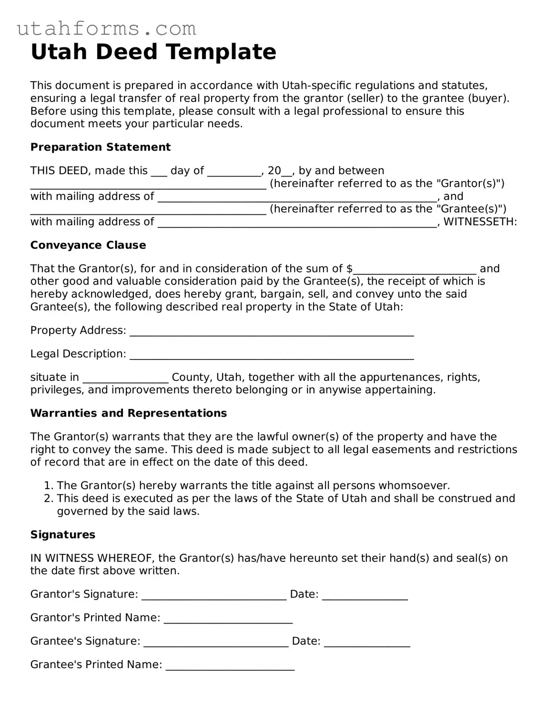 Free  Deed Form for Utah