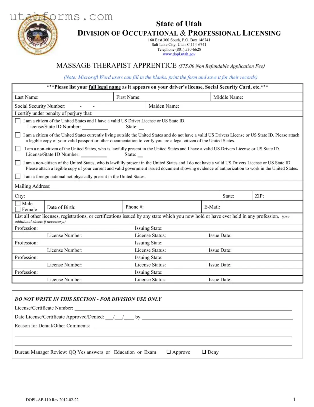 Fill Out Your Utah Dopl Ap 110 Form