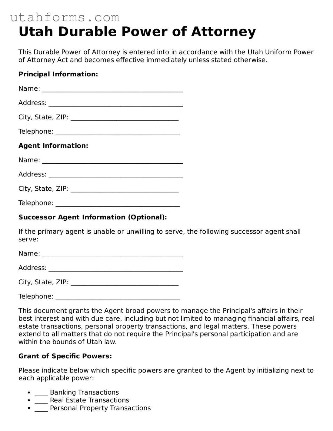 Free  Durable Power of Attorney Form for Utah