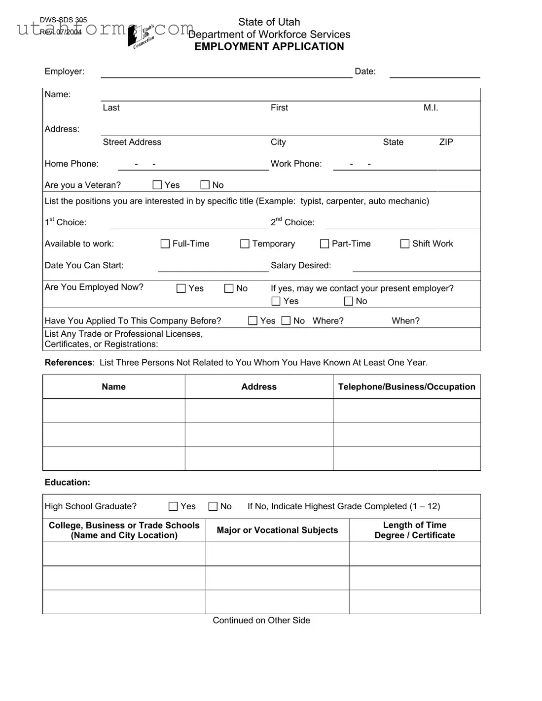 Fill Out Your Utah Dws Sds 305 Form