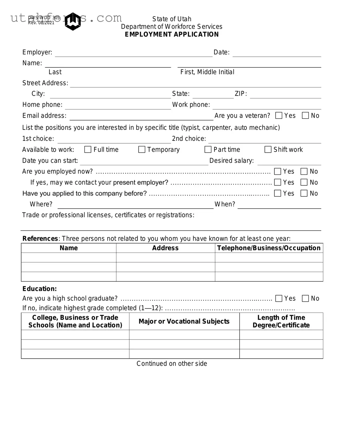 Fill Out Your Utah Dws Wdd 305 Form