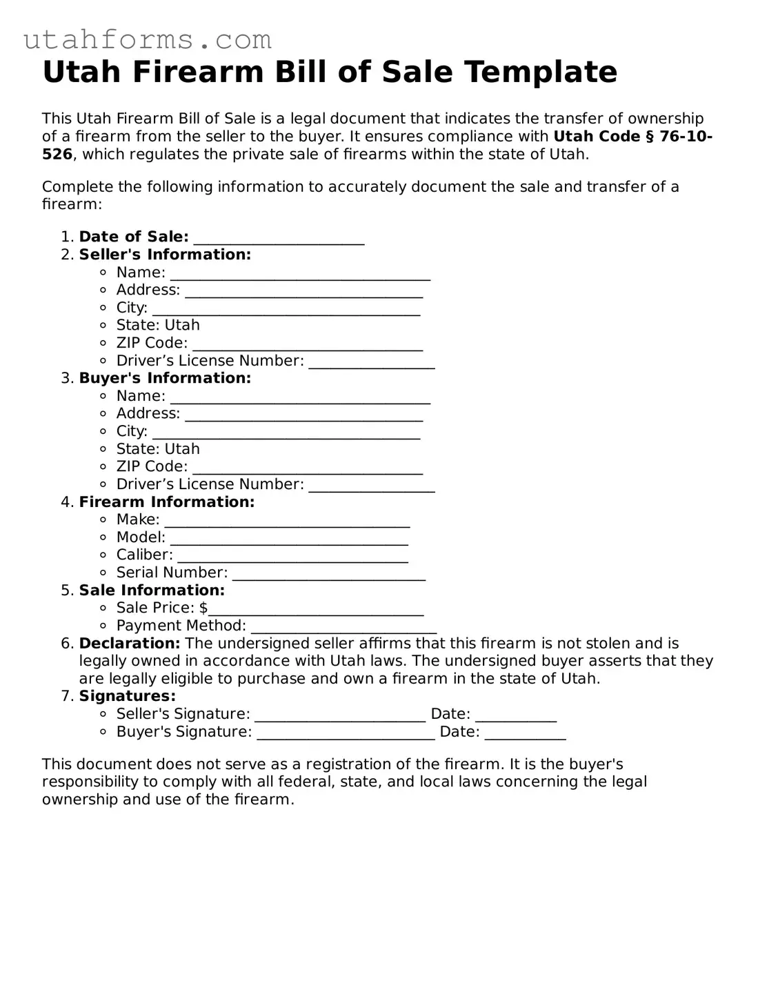 Free  Firearm Bill of Sale Form for Utah