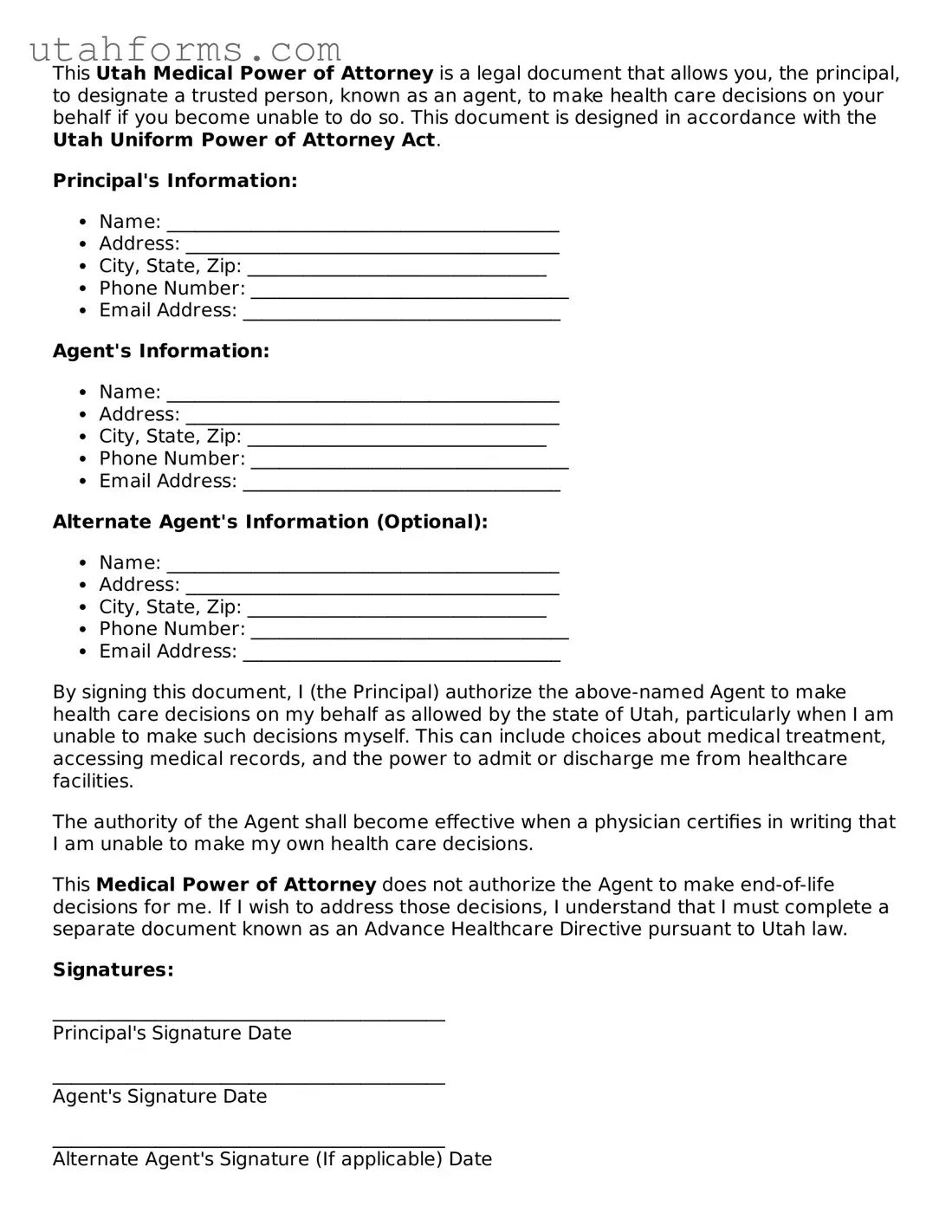 Free  Medical Power of Attorney Form for Utah