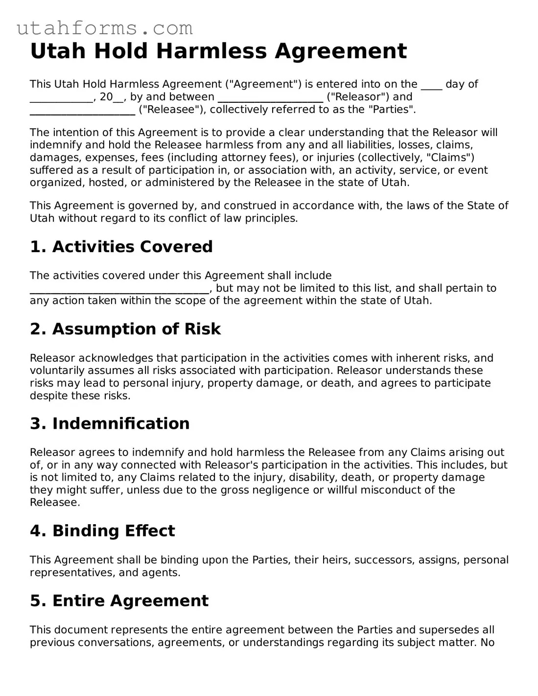 Free  Hold Harmless Agreement Form for Utah