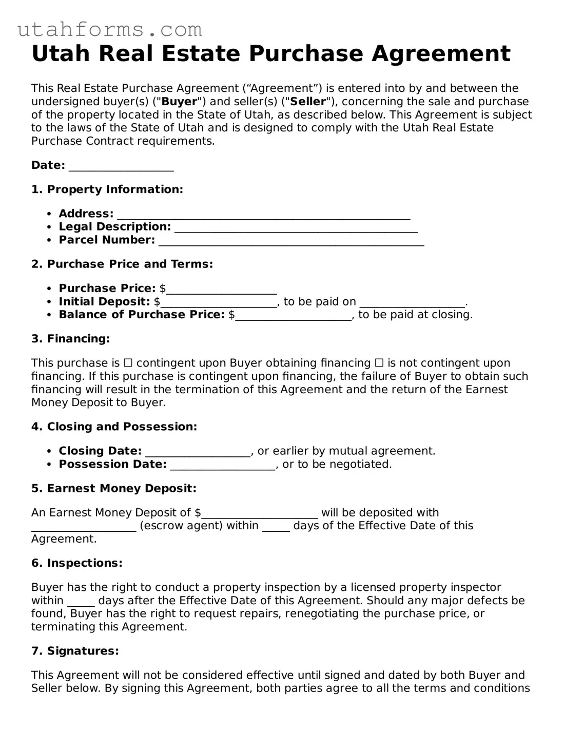 Free  Real Estate Purchase Agreement Form for Utah