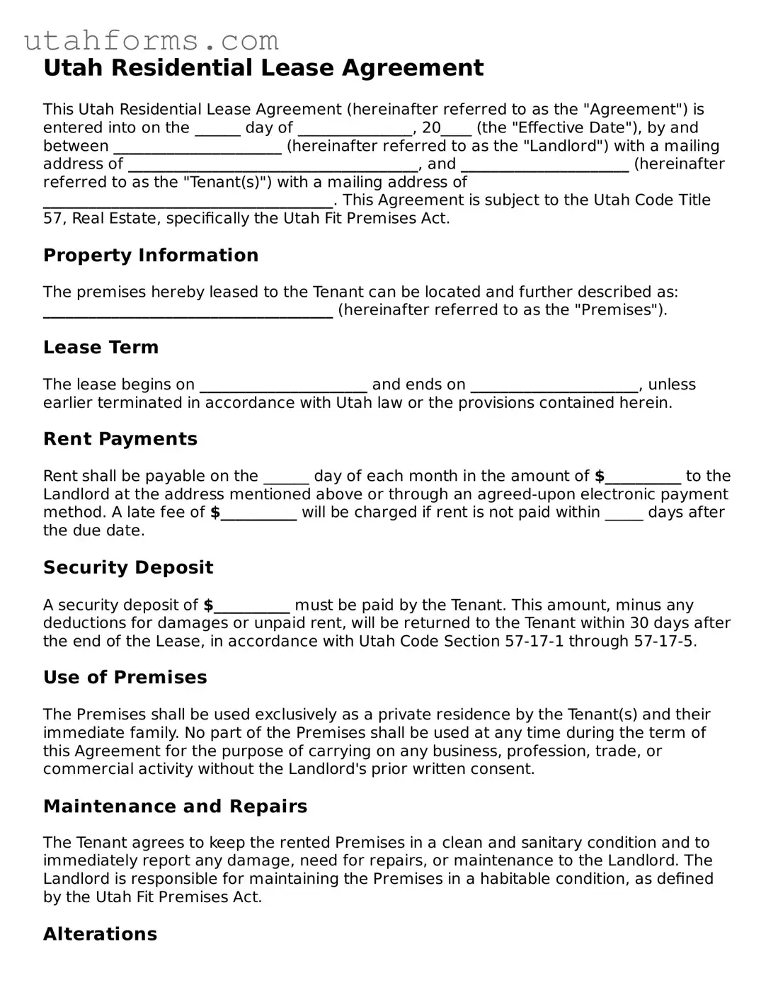 Free  Residential Lease Agreement Form for Utah