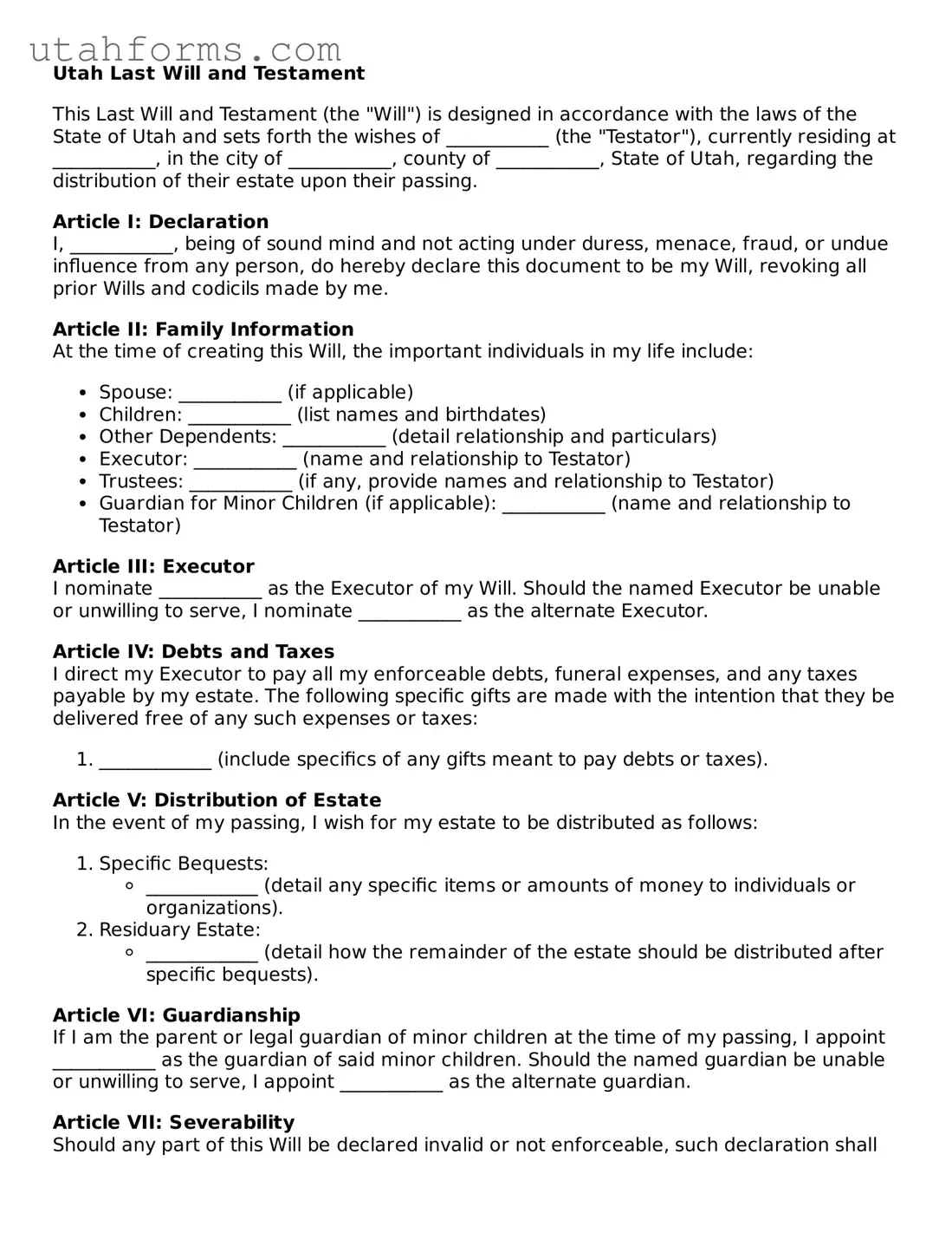 Free  Last Will and Testament Form for Utah