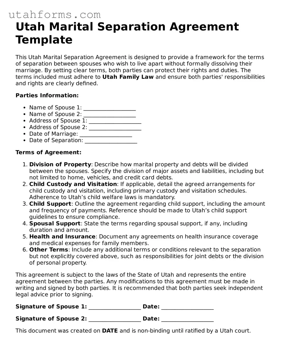 Free  Marital Separation Agreement Form for Utah