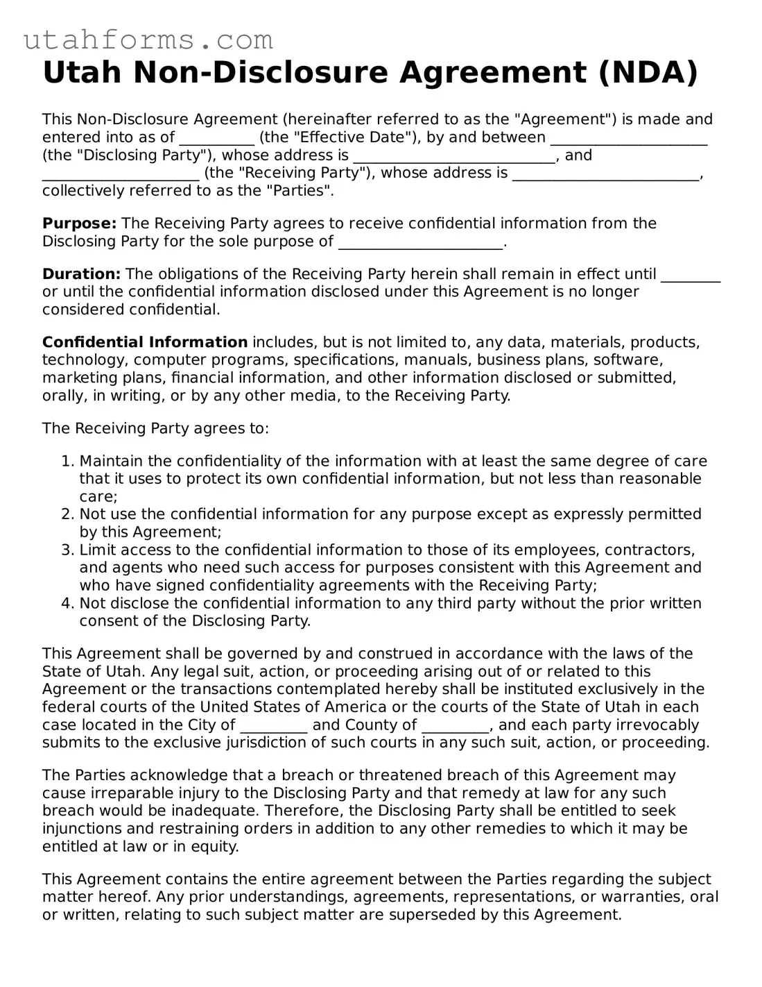 Free  Non-disclosure Agreement Form for Utah