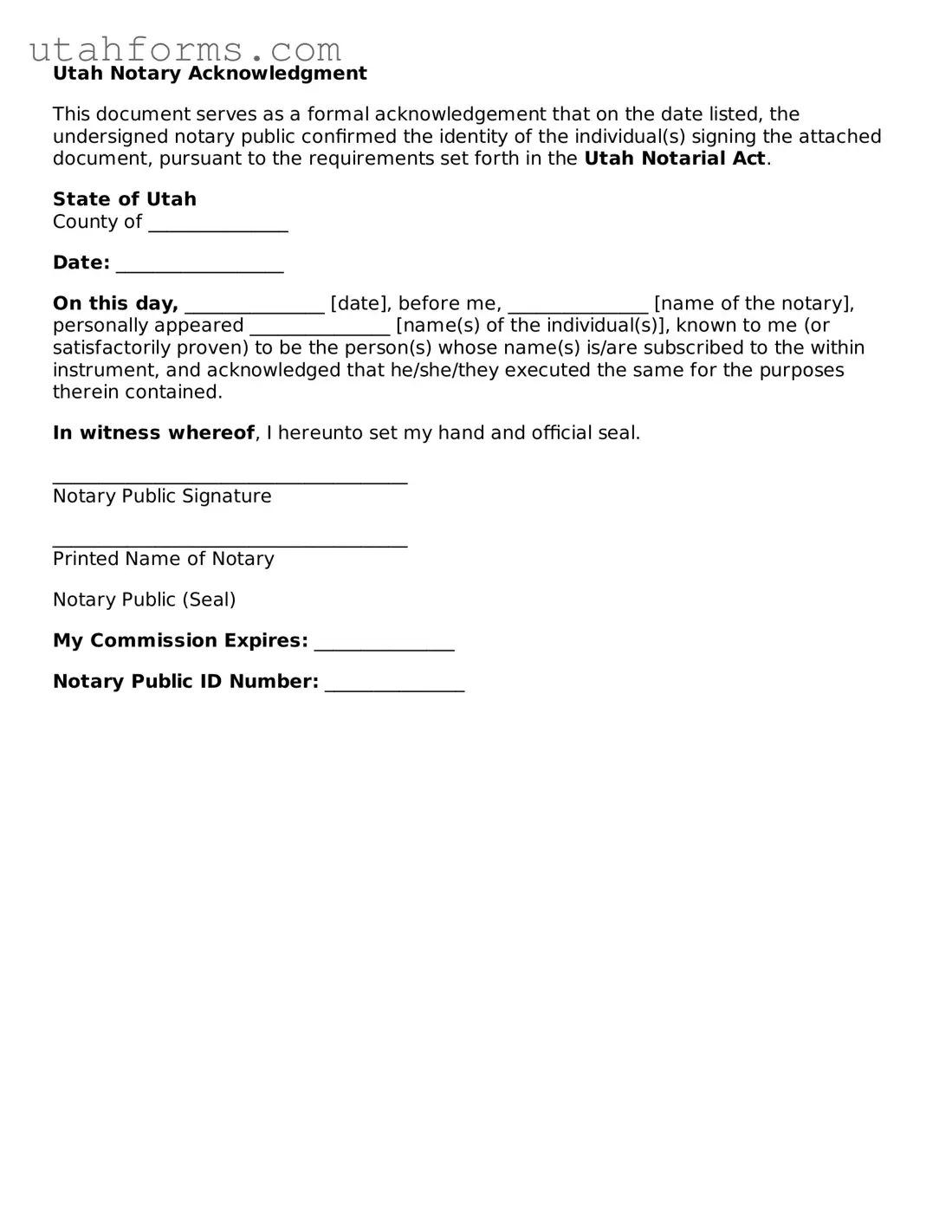 Free  Notary Acknowledgement Form for Utah