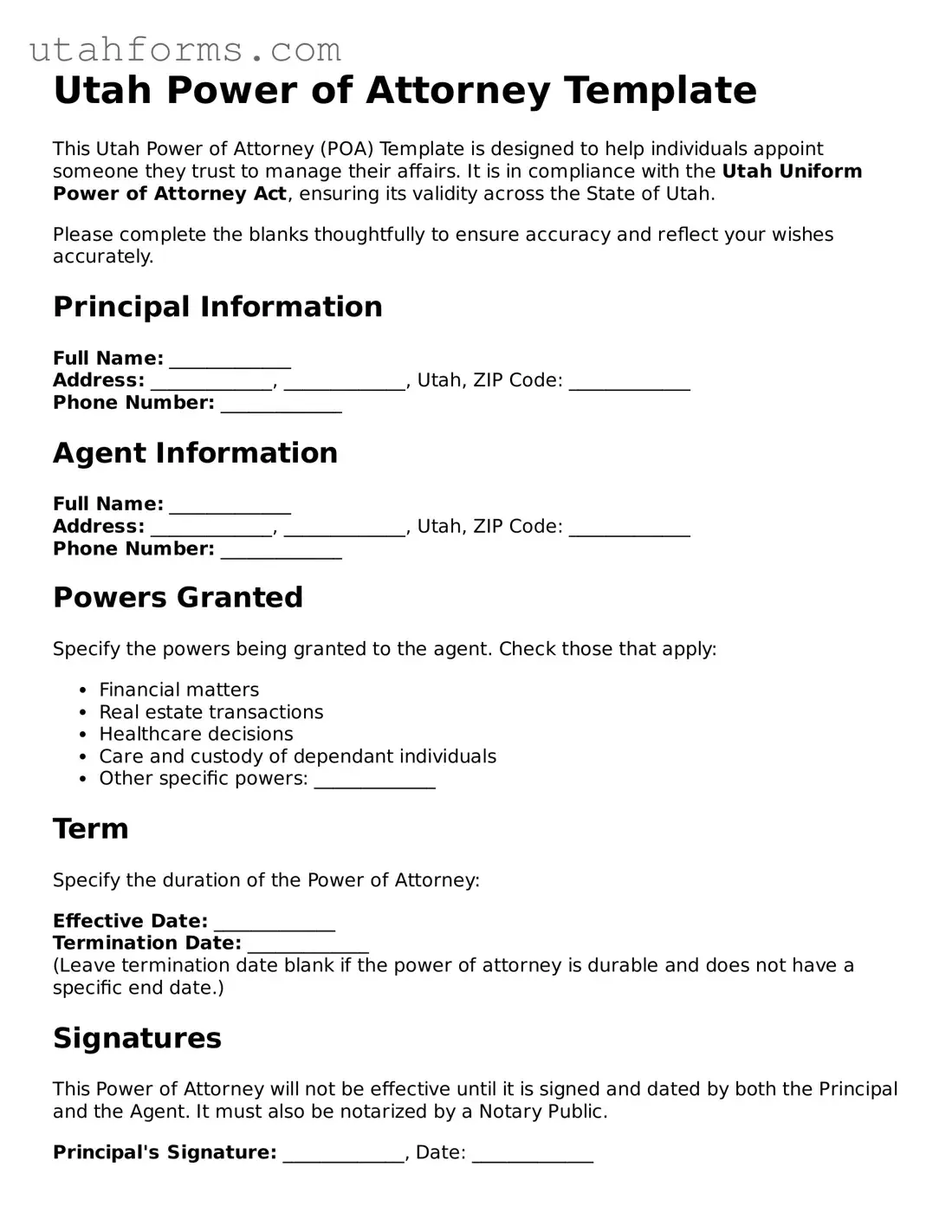 Free  Power of Attorney Form for Utah