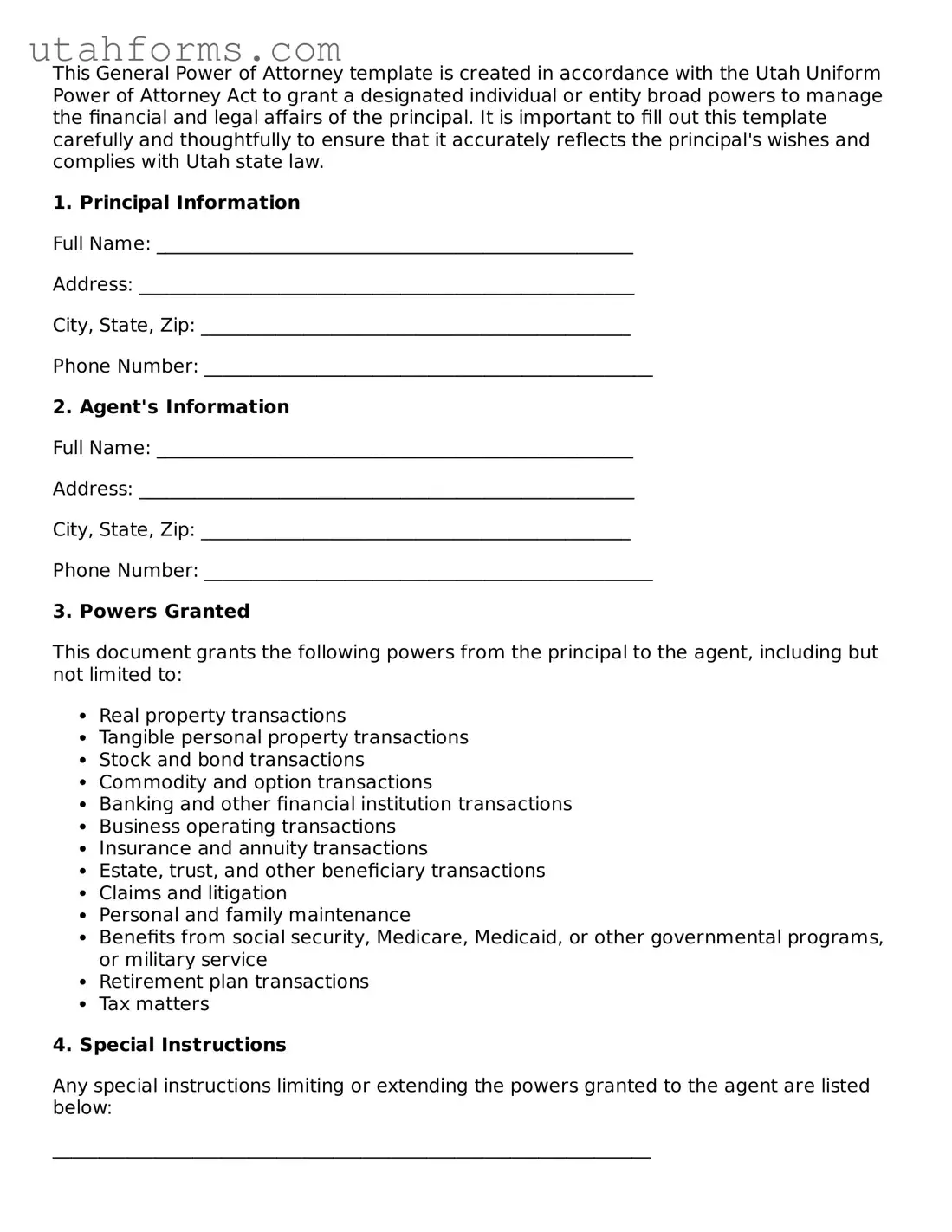Free  General Power of Attorney Form for Utah