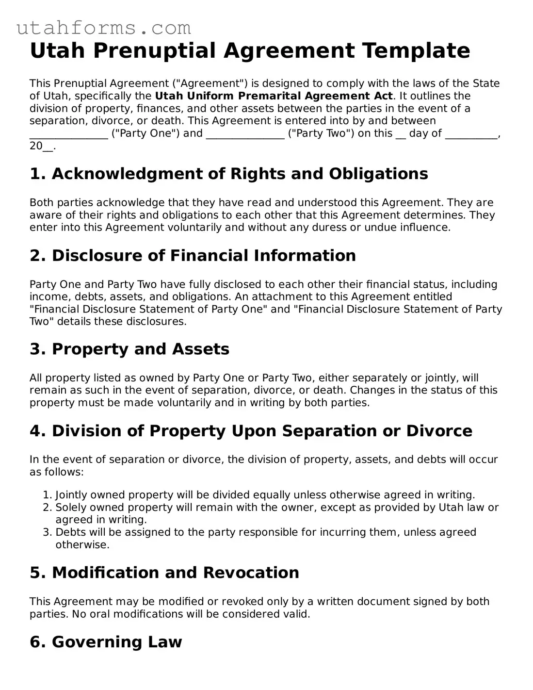 Free  Prenuptial Agreement Form for Utah