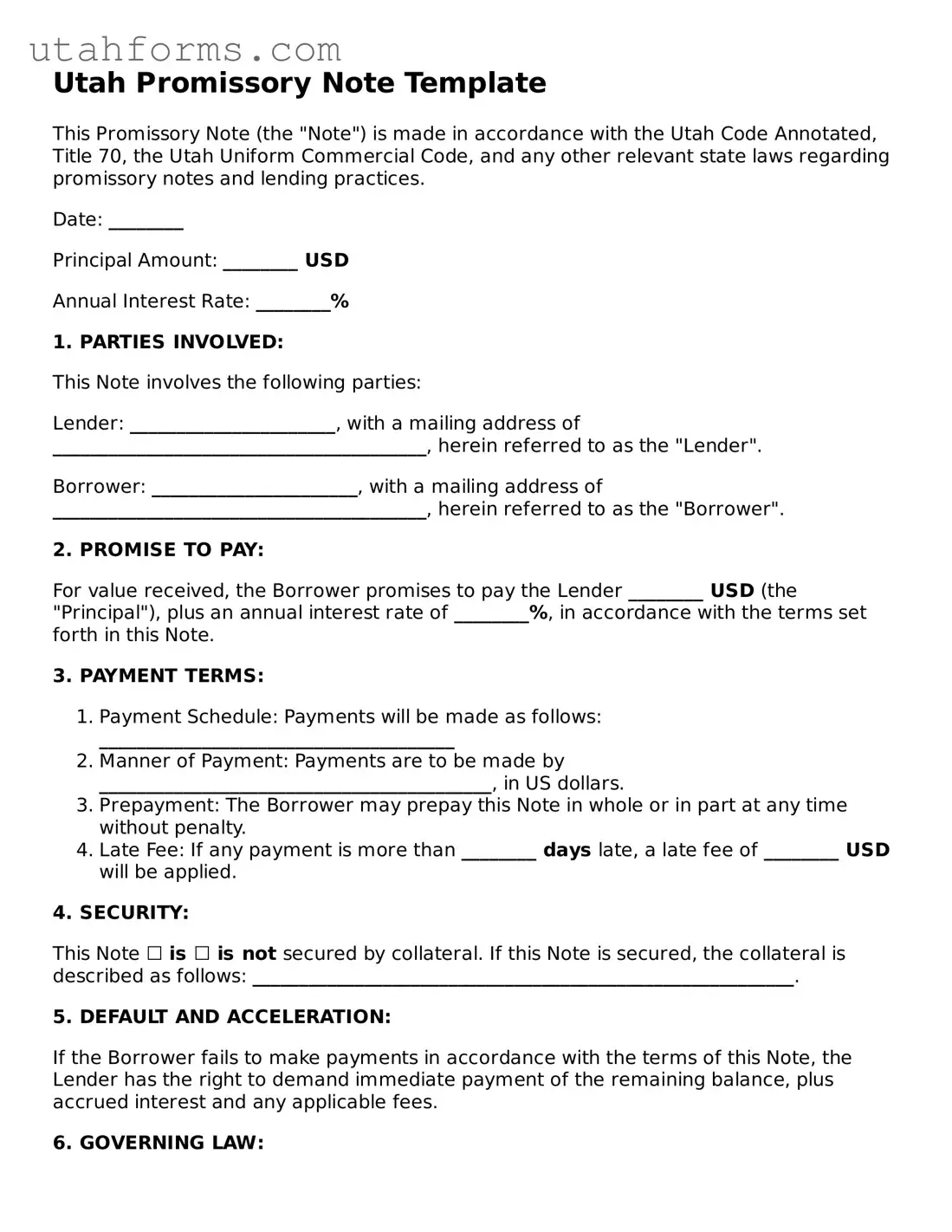 Free  Promissory Note Form for Utah