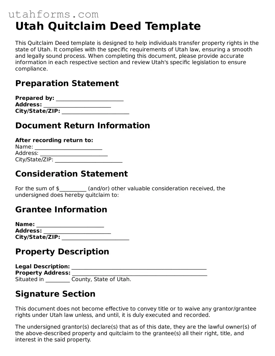 Free  Quitclaim Deed Form for Utah