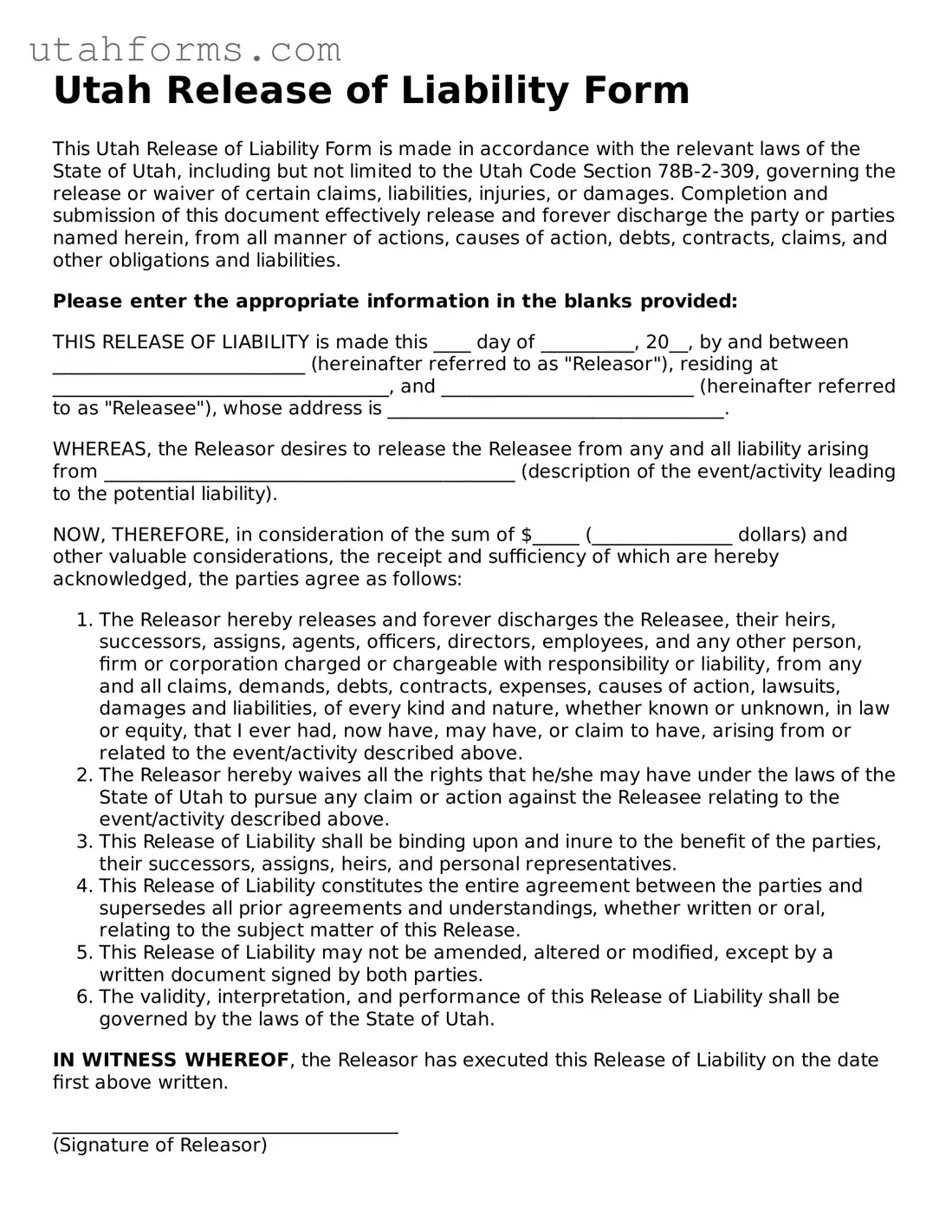 Free  Release of Liability Form for Utah