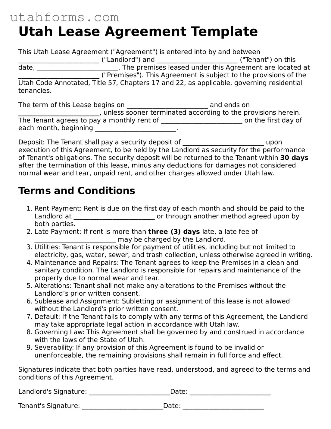 Free  Lease Agreement Form for Utah