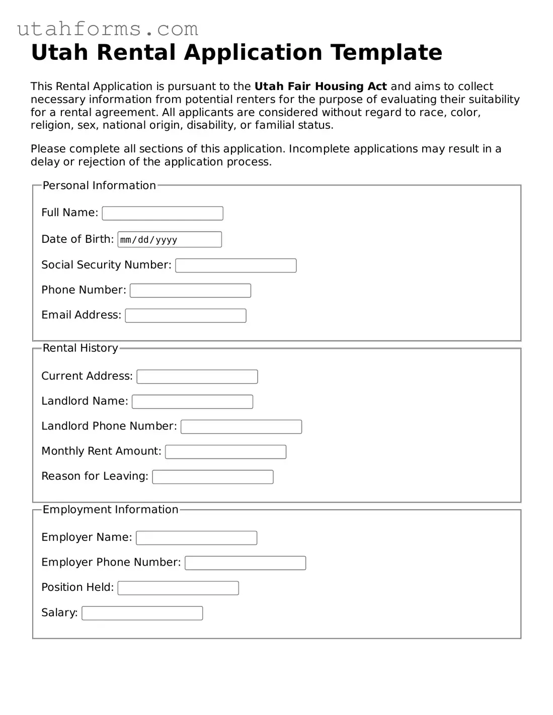 Free  Rental Application Form for Utah