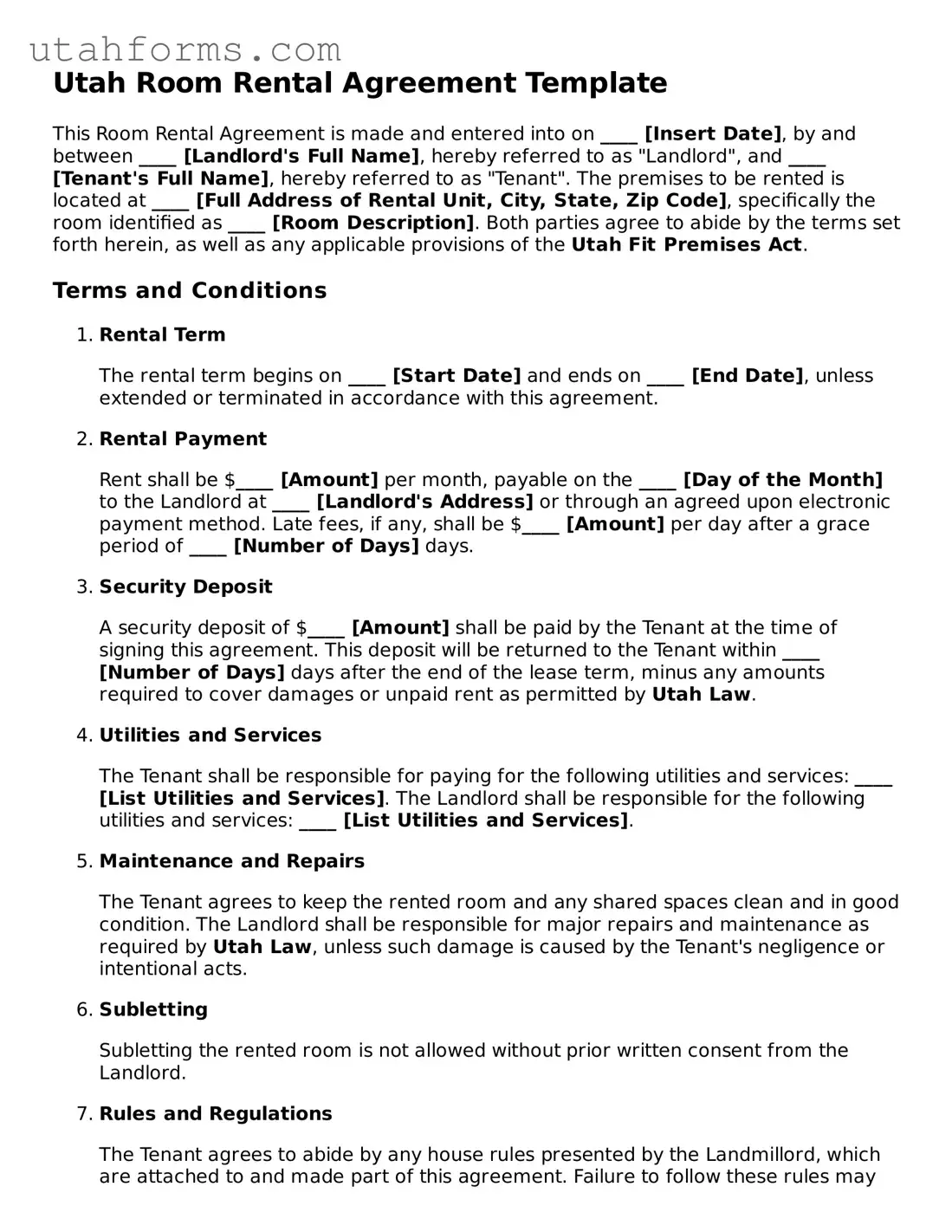 Free  Room Rental Agreement Form for Utah