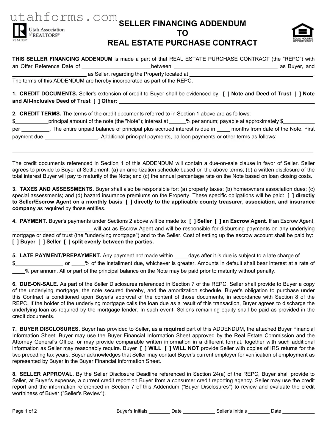 Fill Out Your Utah Seller Financing Addendum Form