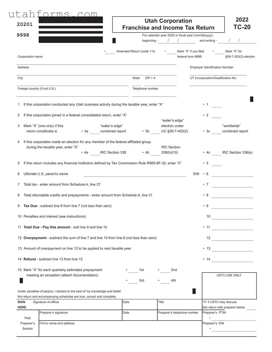 Fill Out Your Utah Tc 20 Form