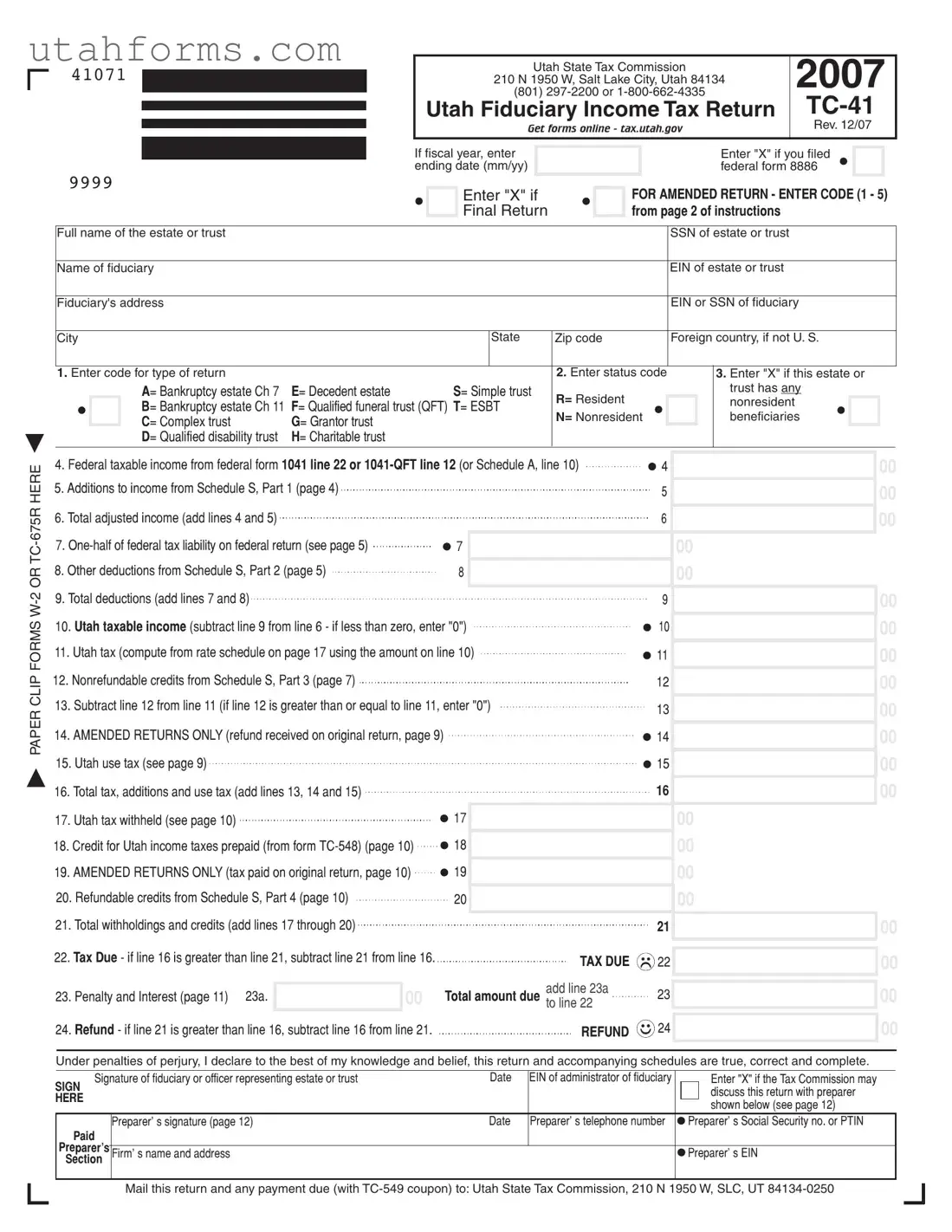 Fill Out Your Utah Tc 41 Form