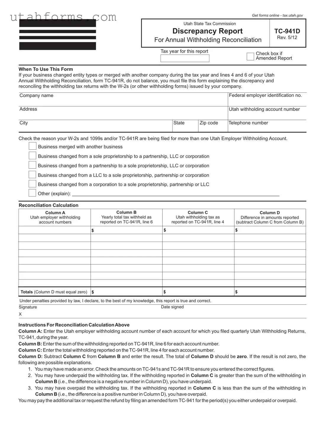 Fill Out Your Utah Tc 941D Form