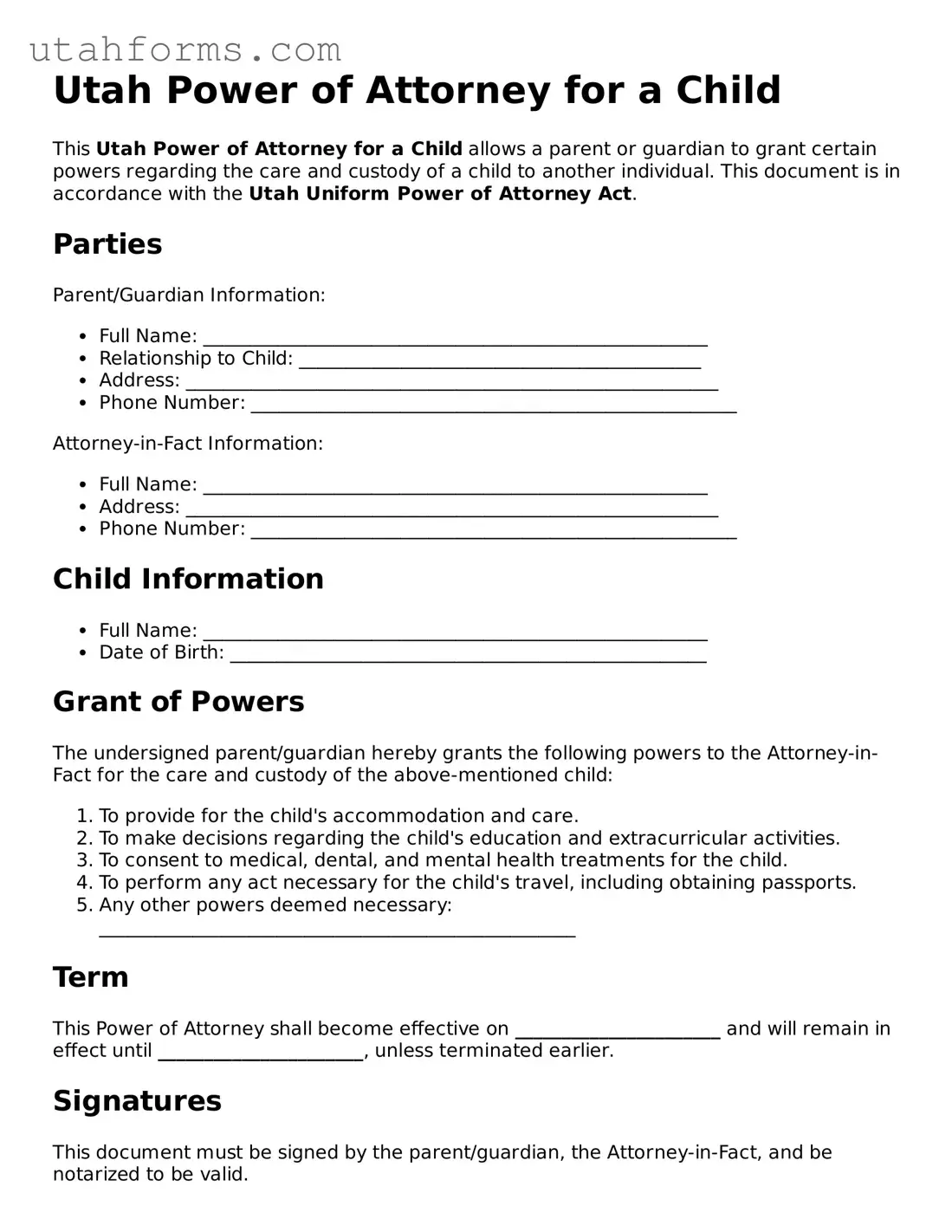 Free  Power of Attorney for a Child Form for Utah