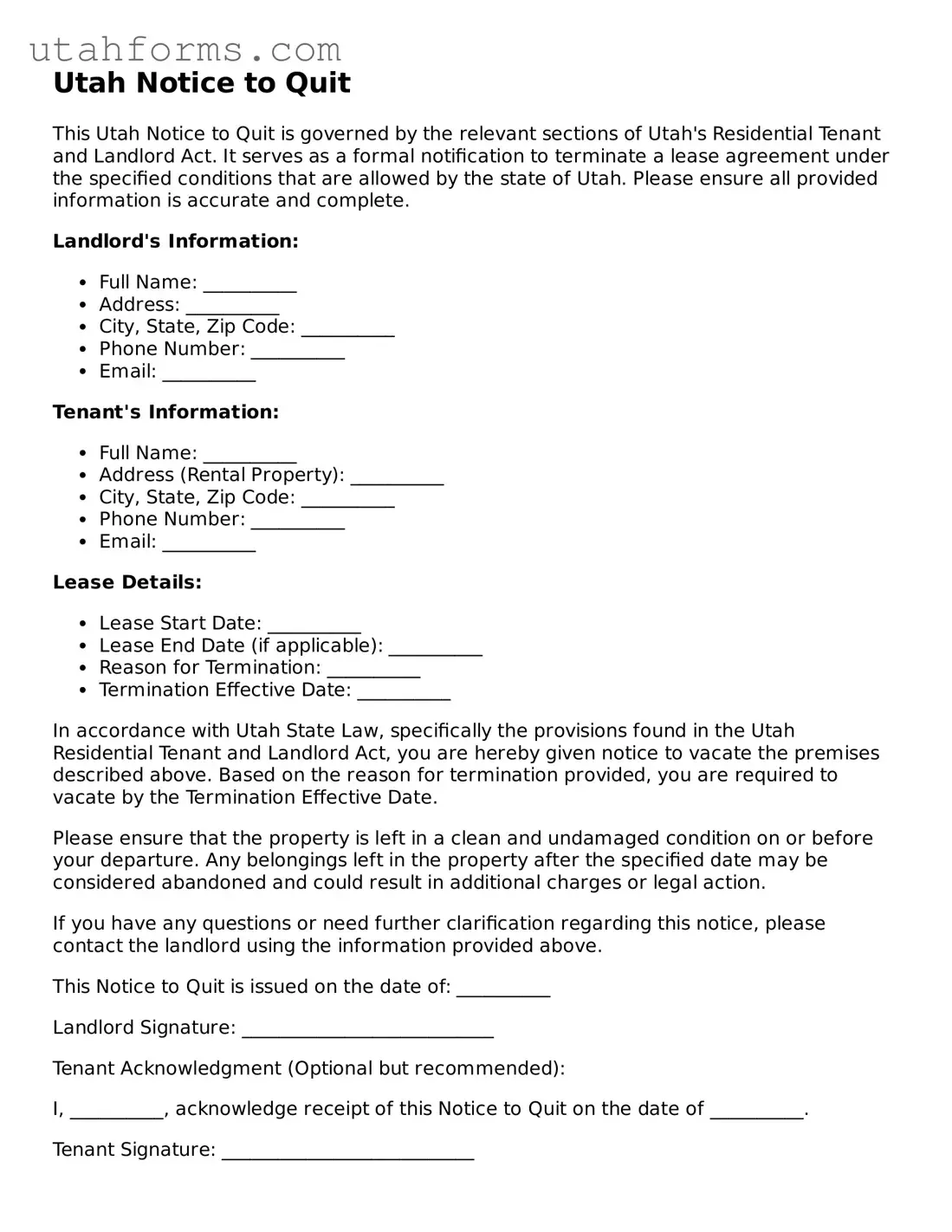 Free  Notice to Quit Form for Utah